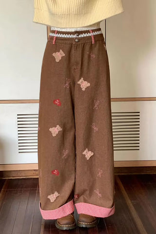 Vintage Loose Bear Embroidered Patchwork Plaid Brown Pants