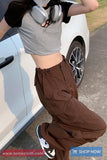 Retro Drawstring Waist Brown Cargo Pants