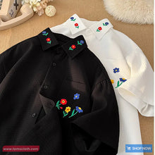 Short Sleeve Flower Embroidered Collar Blouse Shirt