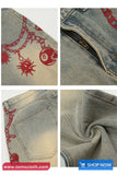 Collage of denim fabric with red embroidery and 'TomsCloth.com' branding.