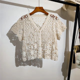 Short Sleeve V-Neck Knitted Embroidered Crochet Shirt