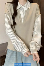 Long Sleeve Two Piece Style Striped Turn Down Collar Sweatshirt
