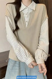 Long Sleeve Two Piece Style Striped Turn Down Collar Sweatshirt