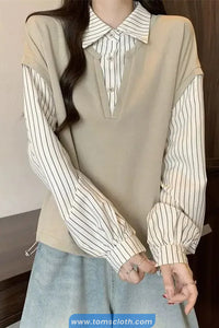 Long Sleeve Two Piece Style Striped Turn Down Collar Sweatshirt