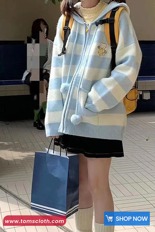 Long Sleeve Puppy Embroidered Striped Hooded Sweater