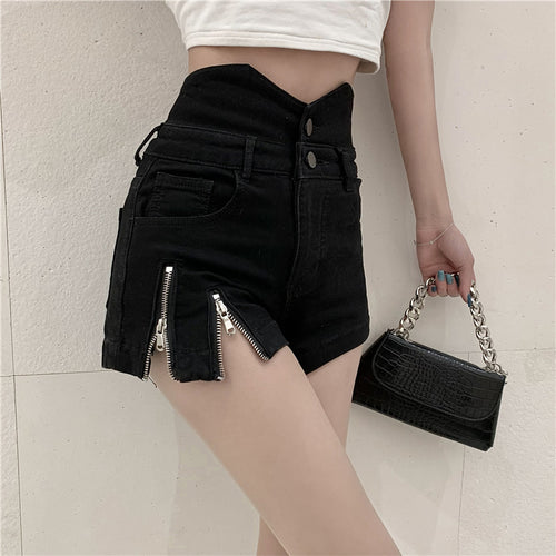 Sexy Cut Off Zippers Black Shorts Jeans