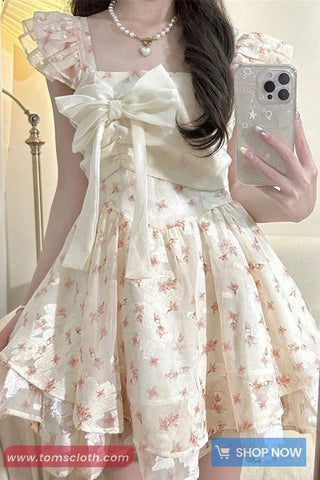 Vintage Floral Pattern Cute Bow Mini Dress