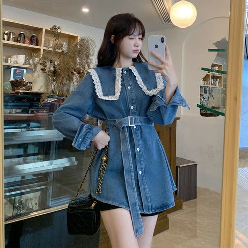 Long Sleeve Doll Collar Denim Blouse Shirt