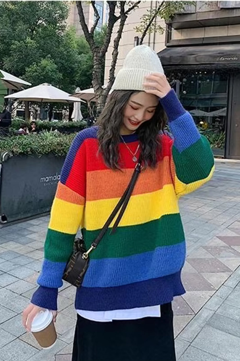 Long Sleeve Rainbow Striped Color Knitted Sweater