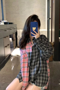 Black and Pink Colors Combination Plaid Blouse Shirt