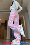 Retro Pink Plaid Casual Long Pants