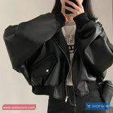 Loose Grey Hooded Leather Cropped Jacket