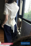 Half Sleeve Back Bandage Tie Striped Blouse Shirt
