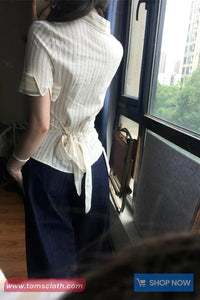 Half Sleeve Back Bandage Tie Striped Blouse Shirt