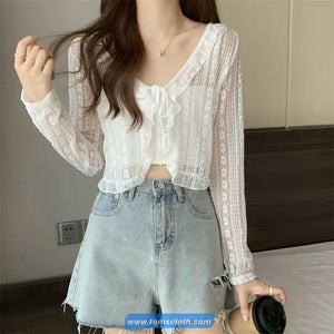 Long Sleeve Lace Up Semi Transparent Cardigan