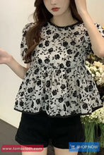 Short Sleeve Flowers Pattern O-Neck Ruffle Shirt