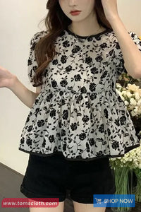 Short Sleeve Flowers Pattern O-Neck Ruffle Shirt