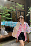 Long Sleeve Cute Colors Combination Plaid Blouse Shirt
