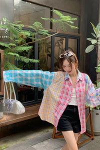 Long Sleeve Cute Colors Combination Plaid Blouse Shirt