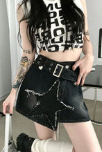 Belted Stars Pattern Embroidered Black Denim Skirts