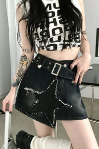 Belted Stars Pattern Embroidered Black Denim Skirts