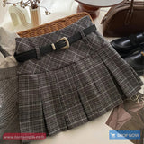High Waist Retro Belted Plaid Pleated Mini Skirts