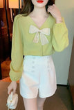 Long Sleeve V-Neck Bow Design Blouse Shirt