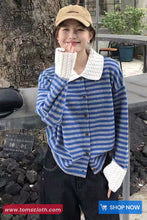 Long Sleeve Turn Down Collar Striped Knitted Cardigan Sweater
