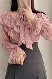 Long Sleeve Cute Bow Ruffled Blouse Shirt
