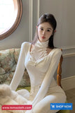 Long Sleeve High Neck Hollow Out Cropped Shirt