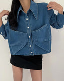 Long Sleeve Butterfly Pocket Denim Blouse Shirts