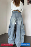 High Waist Retro Loose Cargo Pockets Jeans Pants