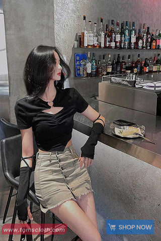 Short Sleeve Love Pin Hollow Out Cropped Shirt