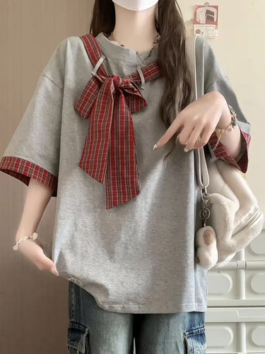 Cute Bow Plaid Patchwork Casual Shirt