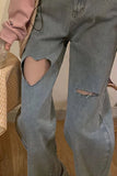 High Waist Heart Shaped Hole Denim Pants