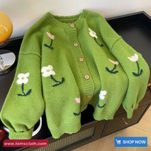 Long Sleeve Cute Floral Embroidered Knitted Green Cardigan Sweater