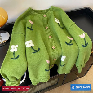 Long Sleeve Cute Floral Embroidered Knitted Green Cardigan Sweater