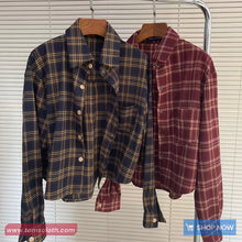 Long Sleeve Retro Plaid Color Cropped Blouse Shirts