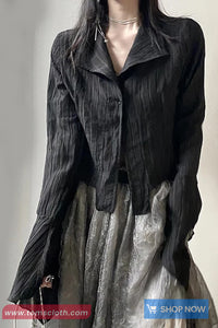 Long Sleeve Lapel Collar Retro Blouse Black Shirt