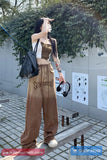 High Waist Retro Tassel Brown Jeans Pants