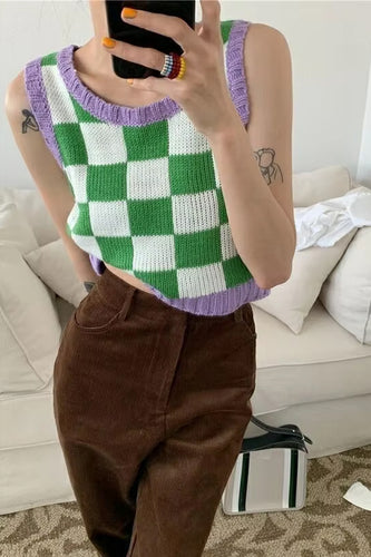 Colorful Plaid Pattern Knitted Crop Tops