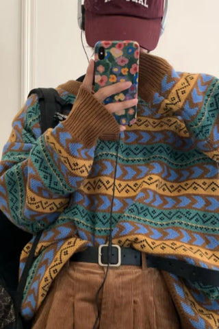 Long Sleeve Retro Pattern Cardigan Sweater