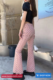 Casual Pink Checkered Slim Flare Long Pants