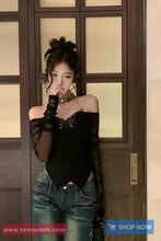 Long Sleeve Butterfly Embroidered Pattern Off Shoulder Shirt