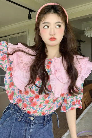 Sweet Peter Pan Collar Floral Pattern Blouse Shirts