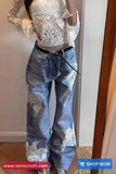High Waist Lace Bird Embroidered Retro Jeans Pants