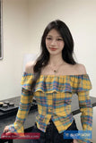 Long Sleeve Ruffles Off Shoulder Plaid Blouse Shirt