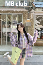Long Sleeve Retro Purple Colors Plaid Blouse Shirt