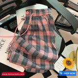 Elastic Waist Retro Pink Grey Plaid Pants