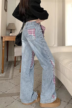 High Waist Bow Plaid Splicing Jeans Pants
